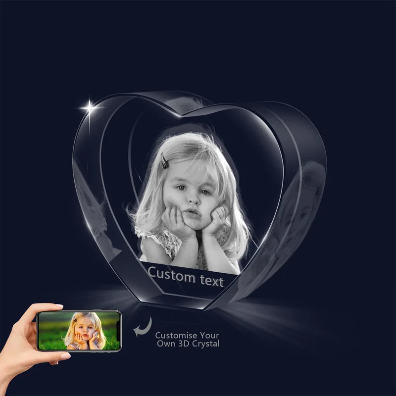 3D Crystal Photo Heart Shaped - 3D Glass Pictures Crystal - Personalised Crystal Photo Frame - Gift for Christmas, Valentine's, Anniversary, Birthday, Mother's Day