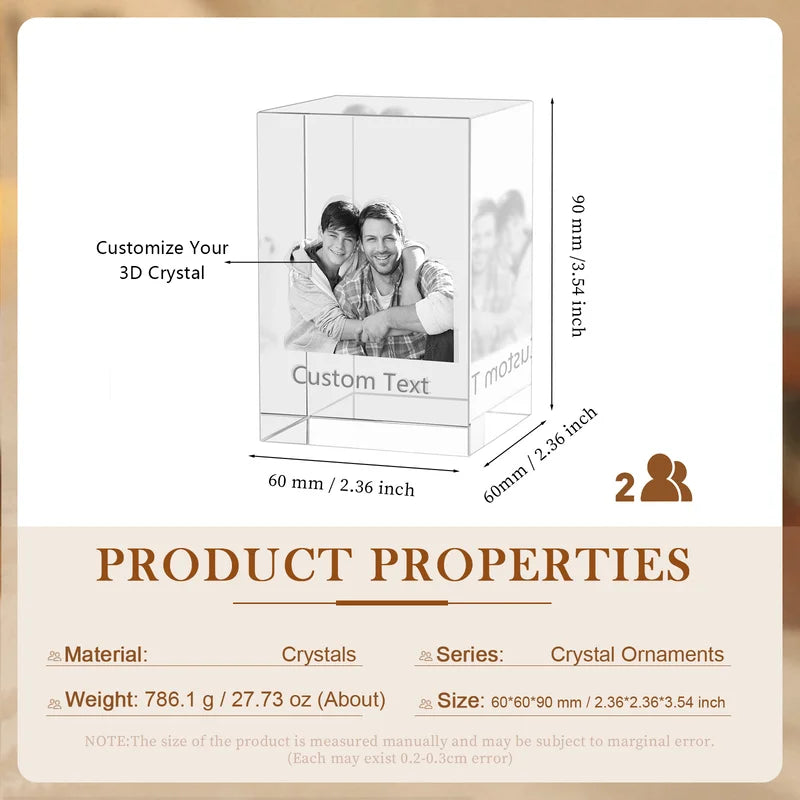 3D Crystal Photo Gift for Women, Men, Couples - 3D Glass Pictures Crystal - Personalised Crystal Photo Frame