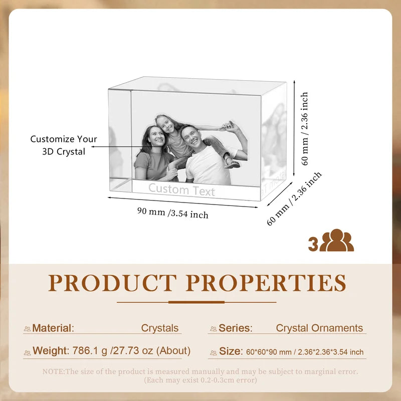 3D Crystal Photo Gift for Women, Men, Couples - 3D Glass Pictures Crystal - Personalised Crystal Photo Frame