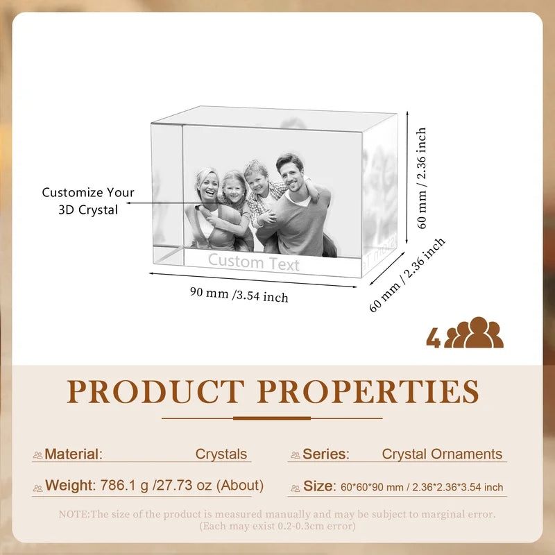 3D Crystal Photo Gift for Women, Men, Couples - 3D Glass Pictures Crystal - Personalised Crystal Photo Frame