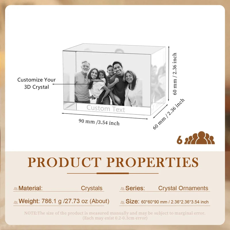 3D Crystal Photo Gift for Women, Men, Couples - 3D Glass Pictures Crystal - Personalised Crystal Photo Frame