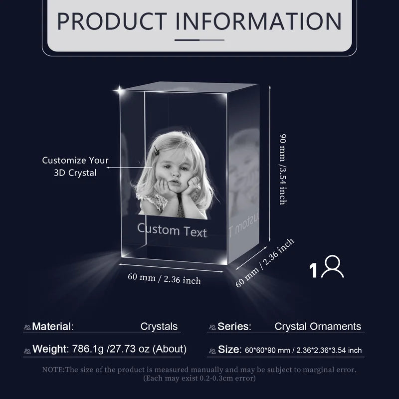 3D Crystal Photo Gift for Women, Men, Couples - 3D Glass Pictures Crystal - Personalised Crystal Photo Frame