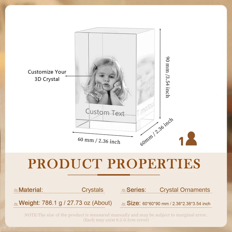 3D Crystal Photo Gift for Women, Men, Couples - 3D Glass Pictures Crystal - Personalised Crystal Photo Frame