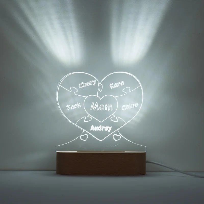 Personalised Heart Night Light with 5 Names - Acrylic Led Name Night Light for Mom - Gift for Mother's Day, Christmas, Anniversary, Birthday