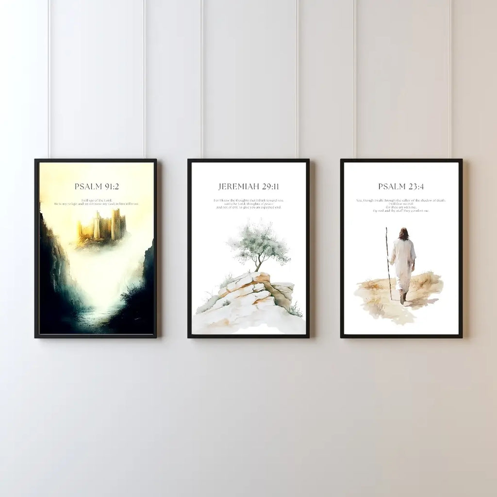 Bible Verse Wall Art Set - Psalm 23, Jeremiah 29:11, Psalm 91:2 - Jesus Portrait Prints - Inspirational Christian Decor