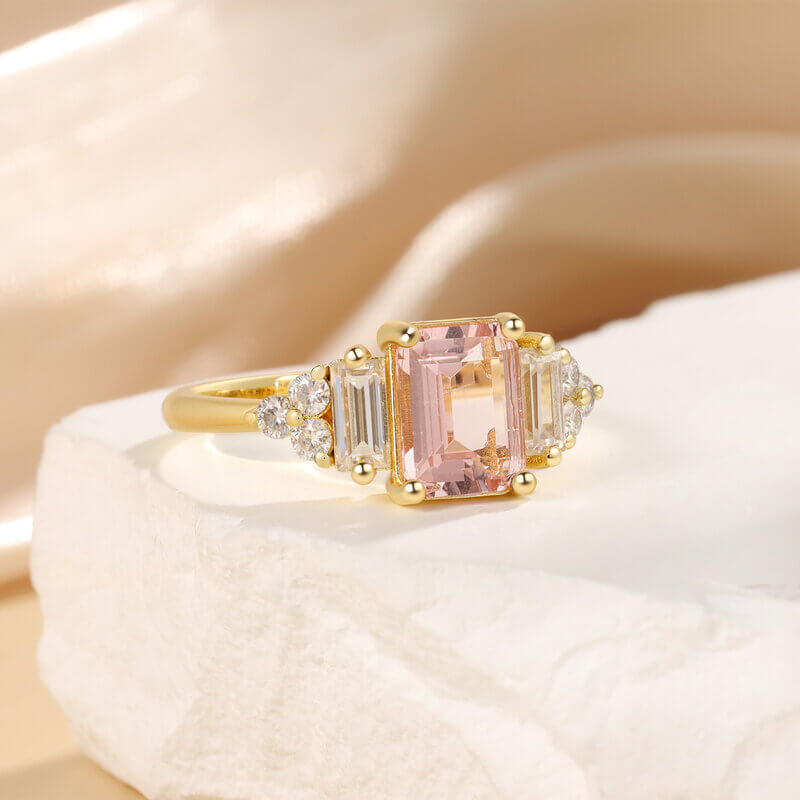 Emerald Cut Pink Morganite Engagement Ring 14/18k Yellow Gold