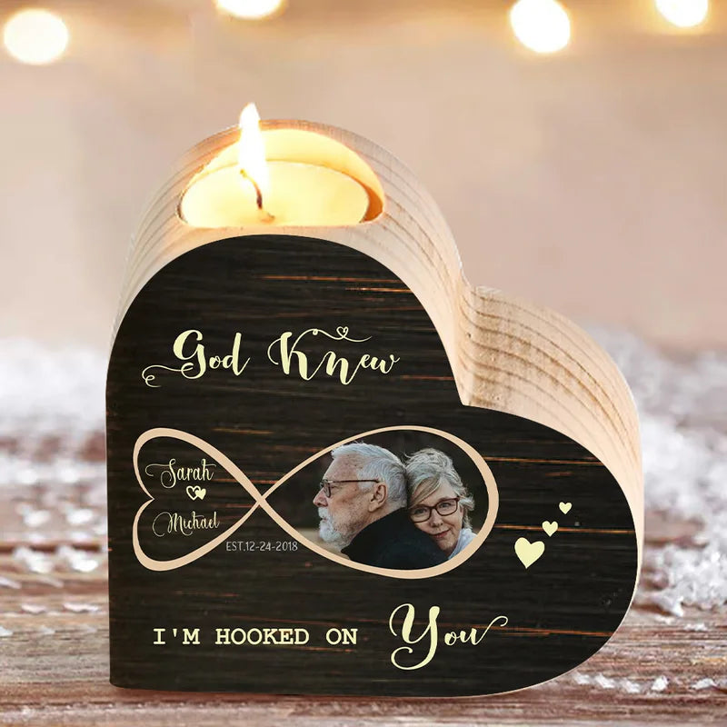 Personalised Heart Infinity Wooden Candle Holder - Engraved Photo, Names and Date - Christmas/Valentine's Gift Idea for Couples - Anniversary Gifts for Her and Him