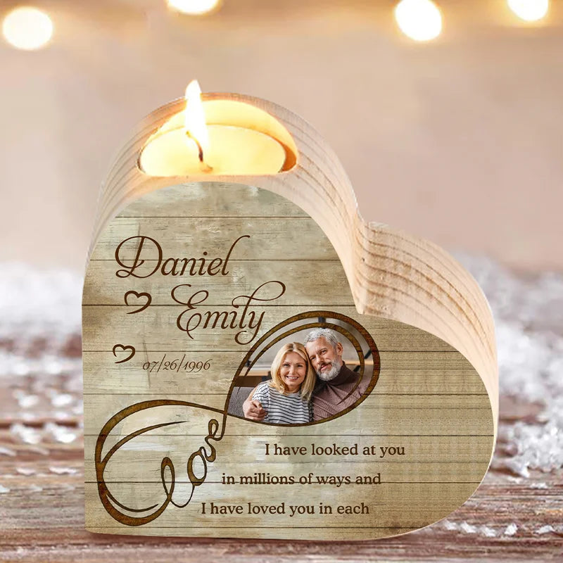 Personalised Heart Infinity Wooden Candle Holder - Engraved Photo, Names and Date - Christmas/Valentine's Gift Idea for Couples