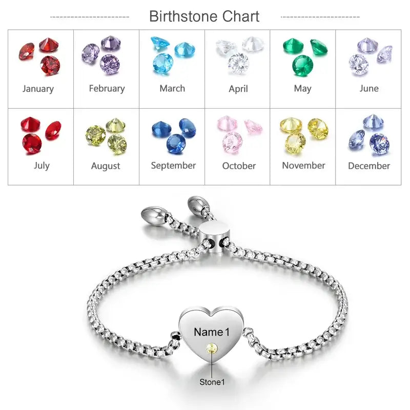 Heart Shaped Engraved Name Personalised Birthstone Bracelet