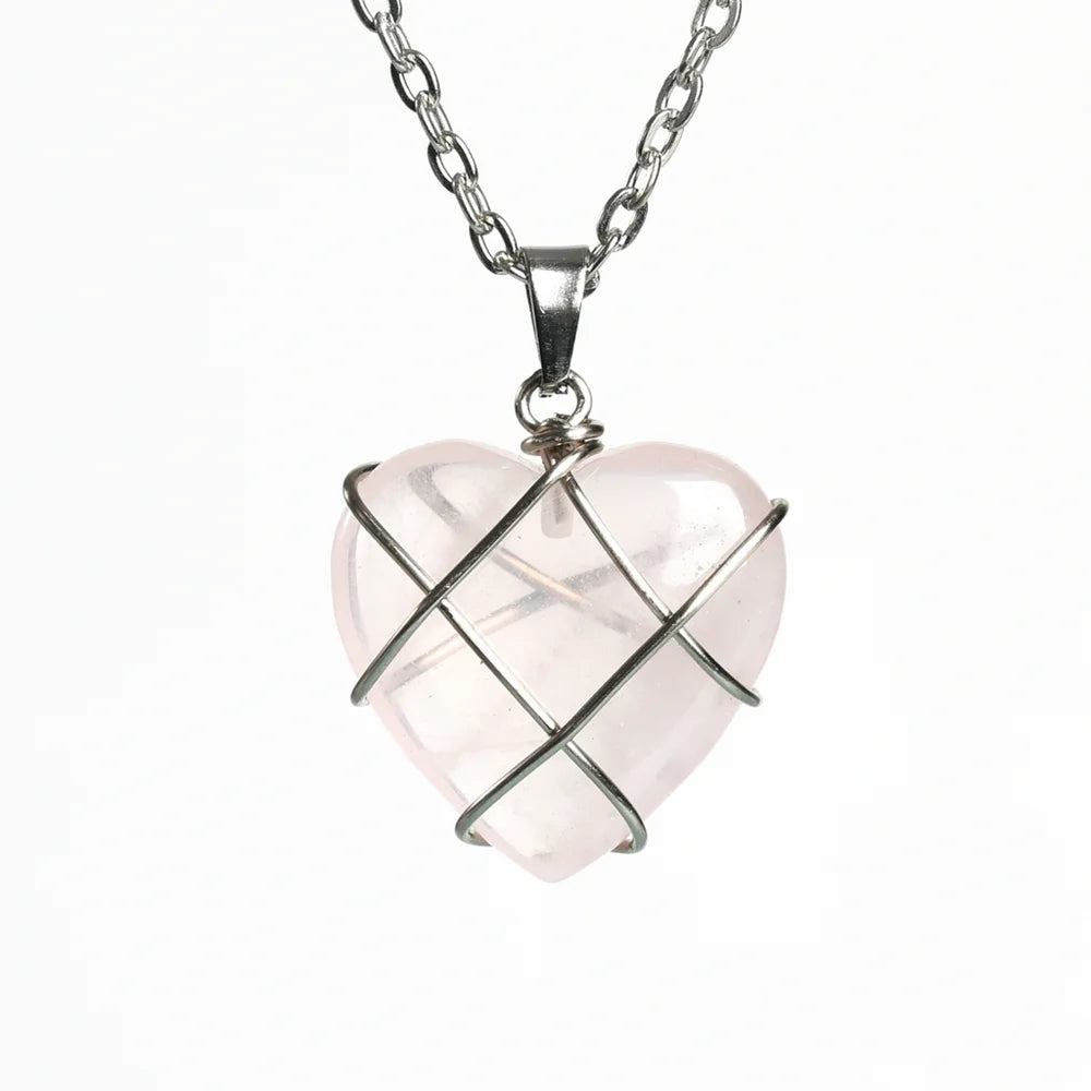 Heart Rose Quartz Crystal Necklace