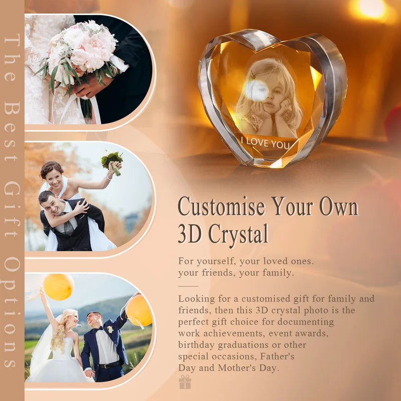 Heart Shaped 3D Crystal Photo Gift for Women, Men, Couples - 3D Glass Pictures Crystal - Personalised Crystal Photo Frame