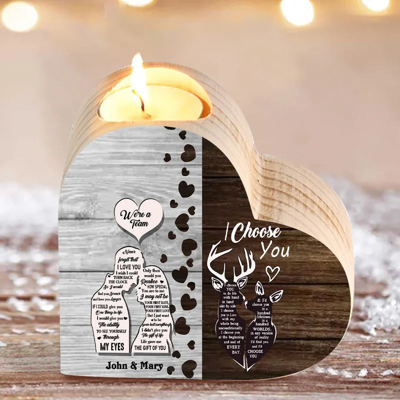 Personalised Heart Wooden Candle Holder - Engraved 2 Names Wooden Tea Light Holder - Christmas/Valentine's Gift Idea for Couples