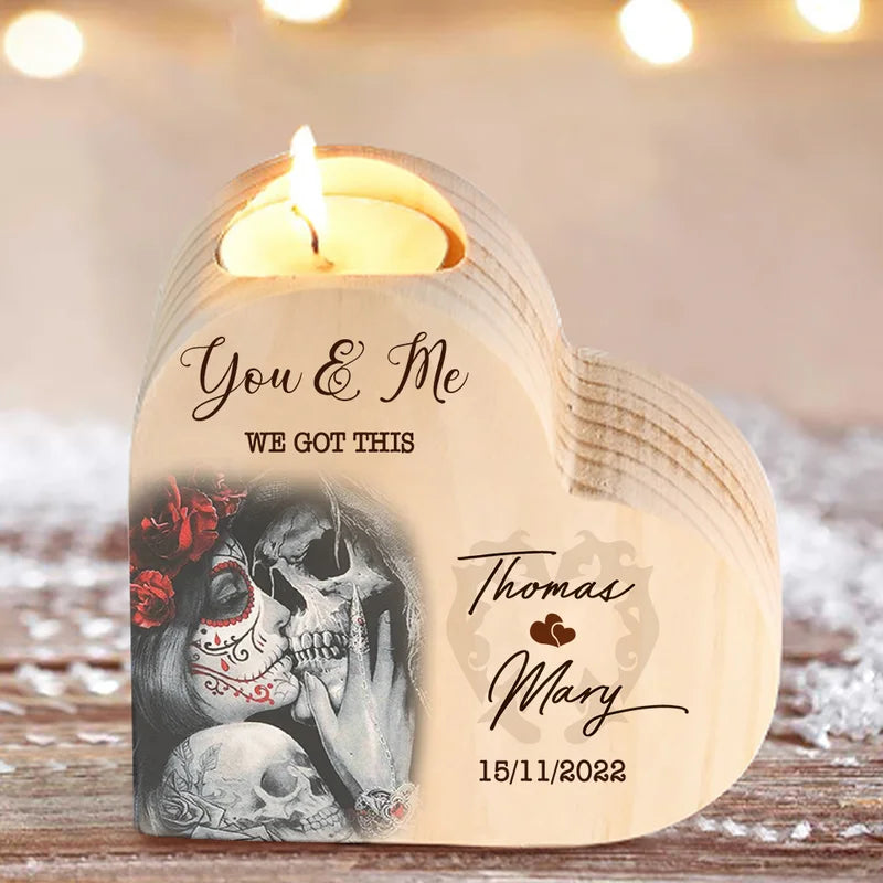 Personalised Heart Wooden Candle Holder - Engraved Names and Date Tea Light Holder - Anniversary/Valentine's Gift Idea for Couples