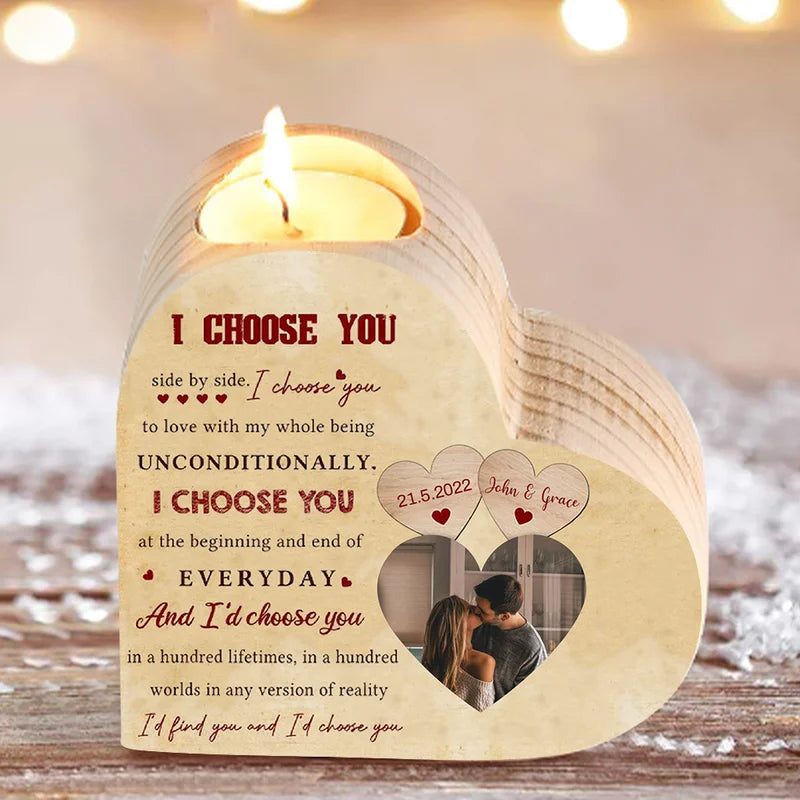 Personalised Heart Wooden Candle Holder - Tea Light Holder Engraved Photo, 2 Names, Date - Christmas/Valentine's Gift Idea for Couples