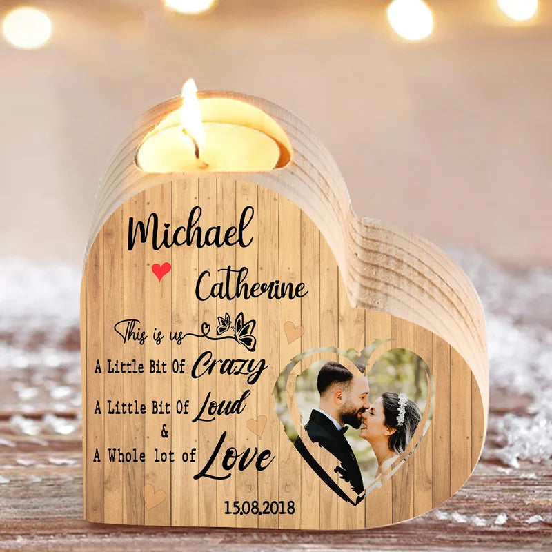 Personalised Heart Wooden Candle Holder - Engraved Photo, 2 Names and Date - Christmas/Valentine's Gift Idea for Couples