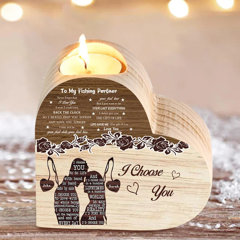 Personalised Heart Wooden Candle Holder - Engraved Names Tea Light Holder - Christmas/Valentine's Gift Idea for Couples