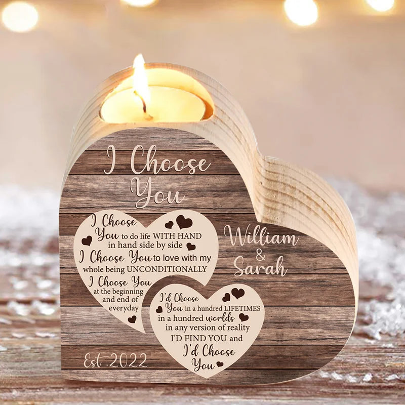 Personalised Heart Wooden Candle Holder - Tea Light Holder Engraved 2 Names and Date - Christmas/Valentine's Gift Idea for Couples