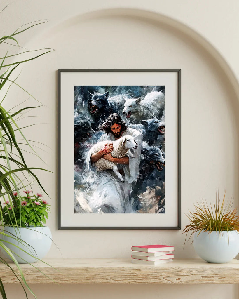 Jesus and Lamb Digital Art Print - Powerful Jesus Watercolor Facing Wolves - Christian Protects Wall Art - Confronting Darkness Printable Religious Home Decor, Surreal Jesus Portrait Download, Spiritual Art, Strength and Love