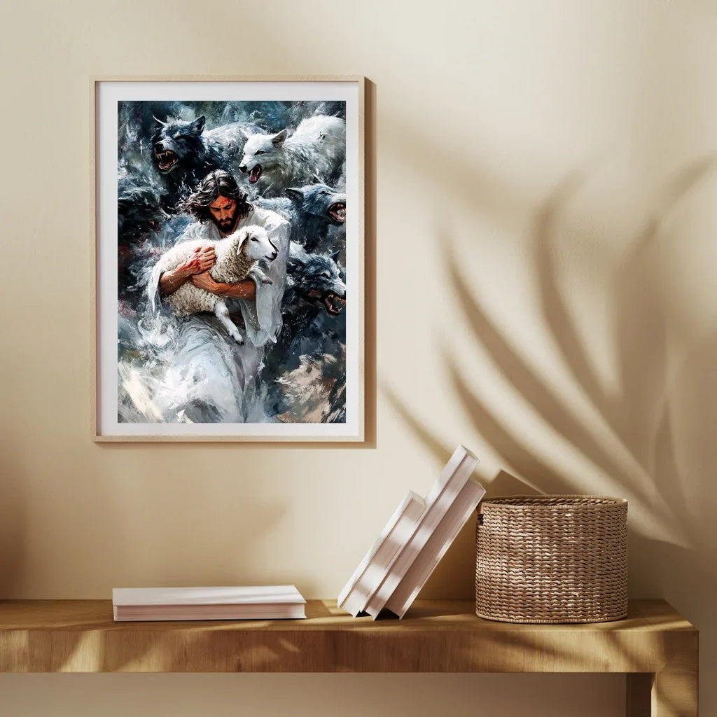 Jesus and Lamb Digital Art Print - Powerful Jesus Watercolor Facing Wolves - Christian Protects Wall Art - Confronting Darkness Printable Religious Home Decor, Surreal Jesus Portrait Download, Spiritual Art, Strength and Love