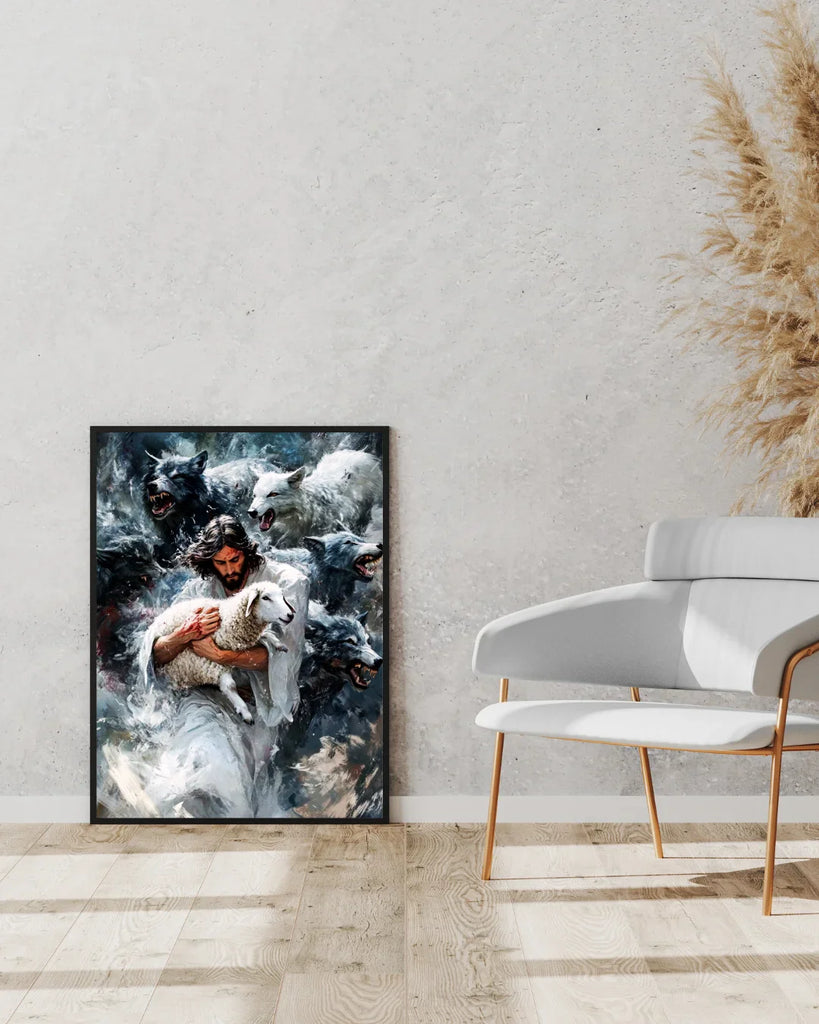 Jesus and Lamb Digital Art Print - Powerful Jesus Watercolor Facing Wolves - Christian Protects Wall Art - Confronting Darkness Printable Religious Home Decor, Surreal Jesus Portrait Download, Spiritual Art, Strength and Love