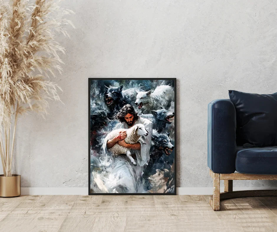 Jesus and Lamb Digital Art Print - Powerful Jesus Watercolor Facing Wolves - Christian Protects Wall Art - Confronting Darkness Printable Religious Home Decor, Surreal Jesus Portrait Download, Spiritual Art, Strength and Love