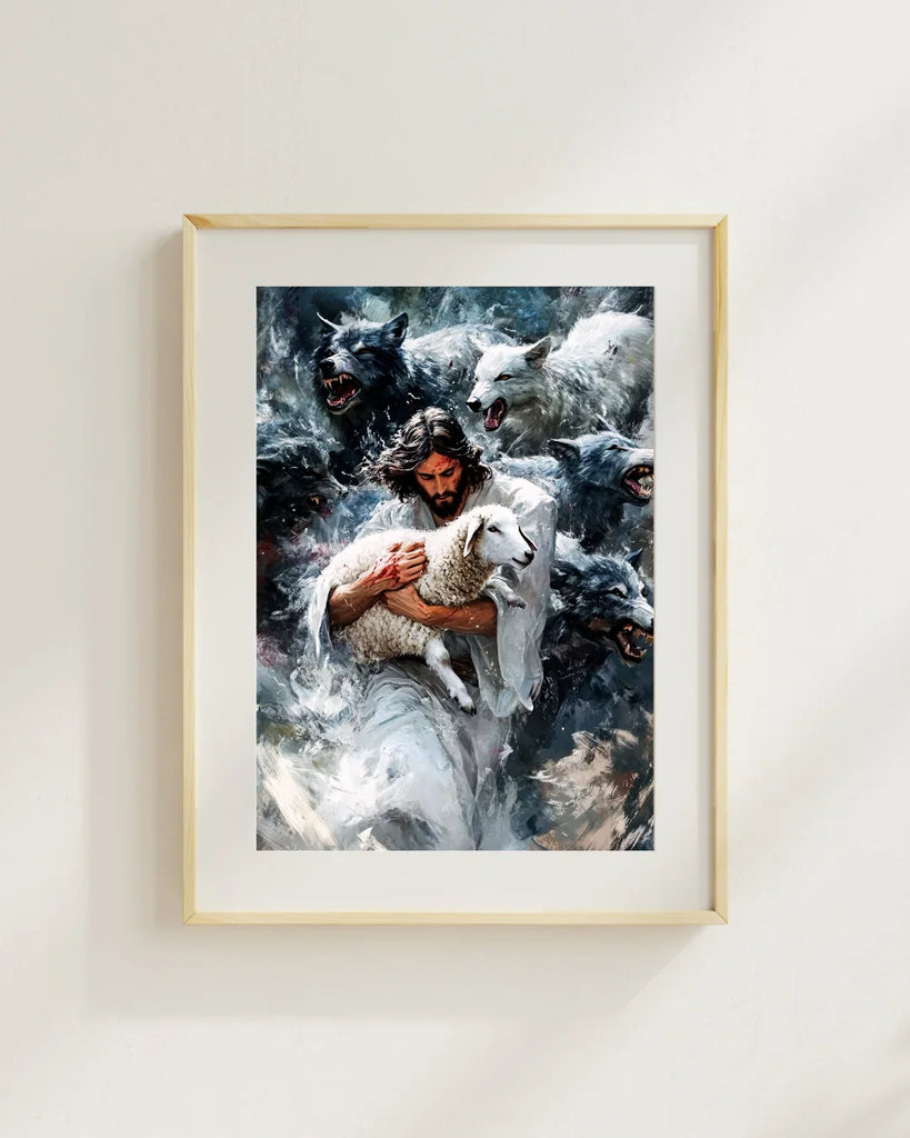 Jesus and Lamb Digital Art Print - Powerful Jesus Watercolor Facing Wolves - Christian Protects Wall Art - Confronting Darkness Printable Religious Home Decor, Surreal Jesus Portrait Download, Spiritual Art, Strength and Love