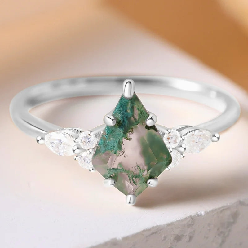 Kite Cut Moss Agate Engagement Ring with Moissanite Sterling Silver ...