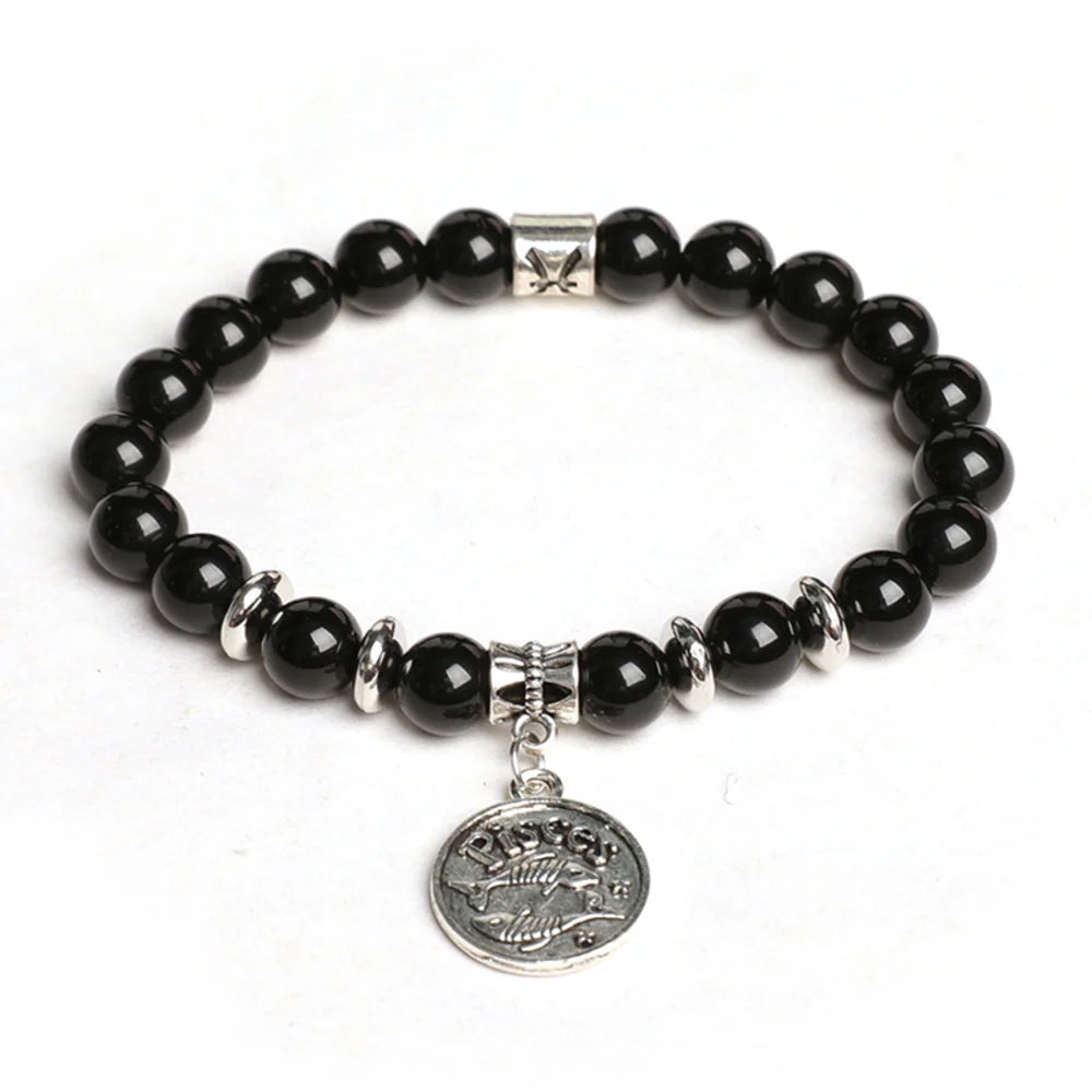 Obsidian Crystal Bracelet with Round Zodiac Charm