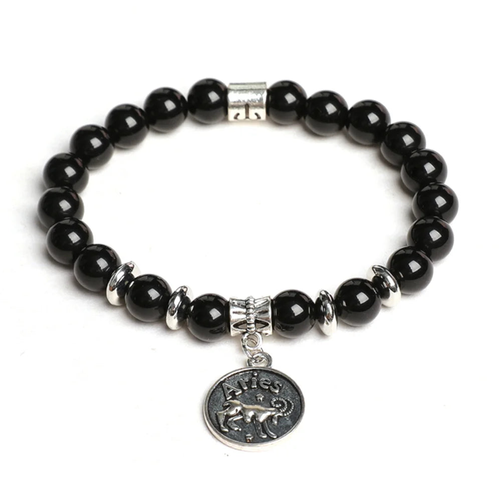 Obsidian Crystal Bracelet with Round Zodiac Charm