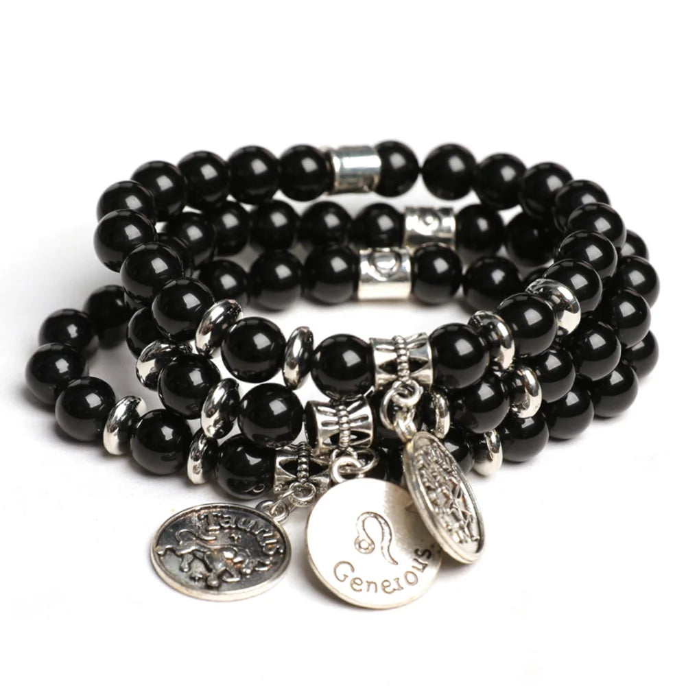 Obsidian Crystal Bracelet with Round Zodiac Charm