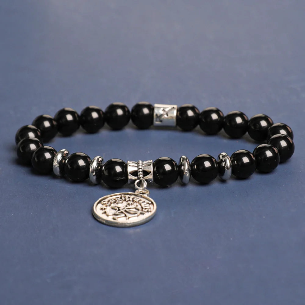 Obsidian Crystal Bracelet with Round Zodiac Charm