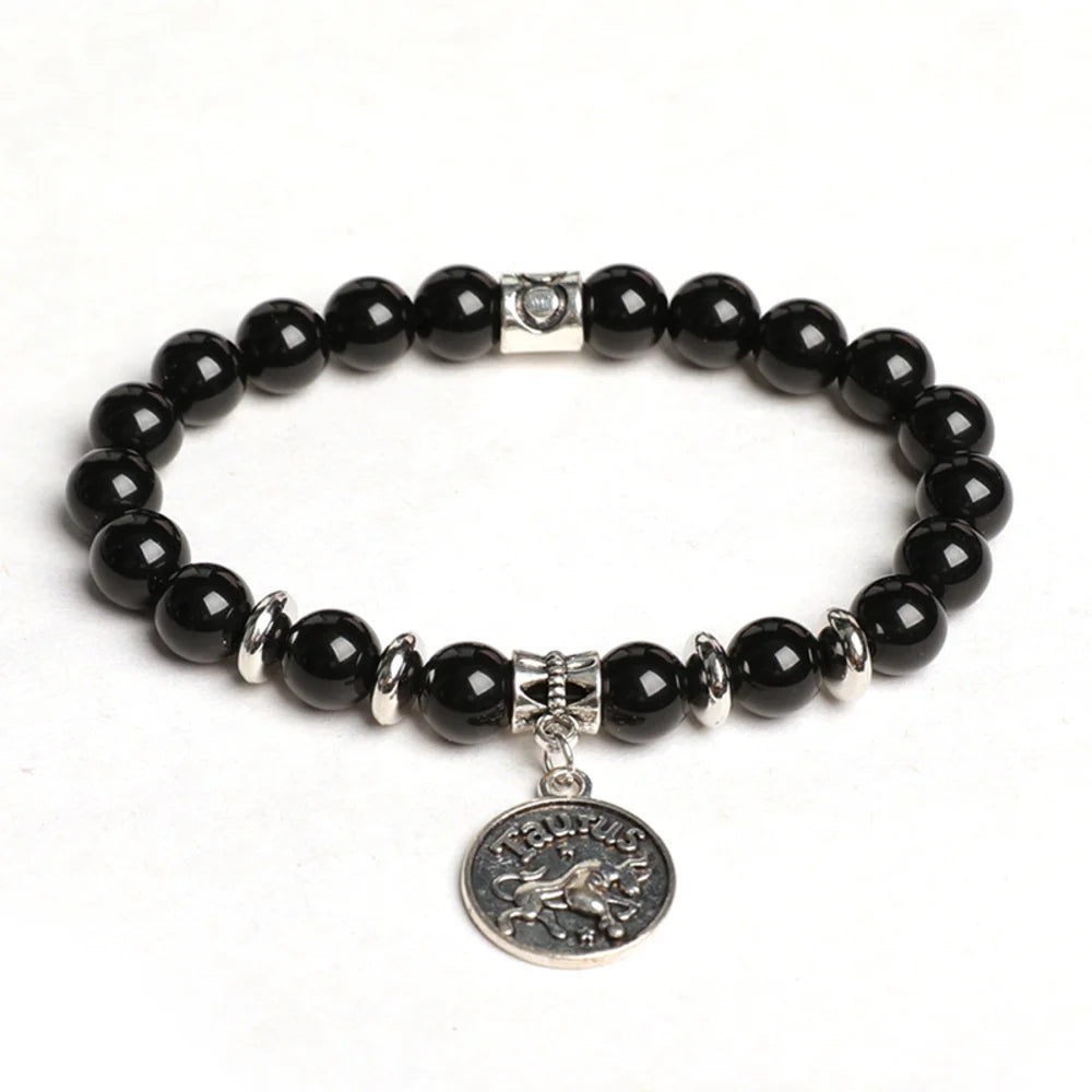 Obsidian Crystal Bracelet with Round Zodiac Charm