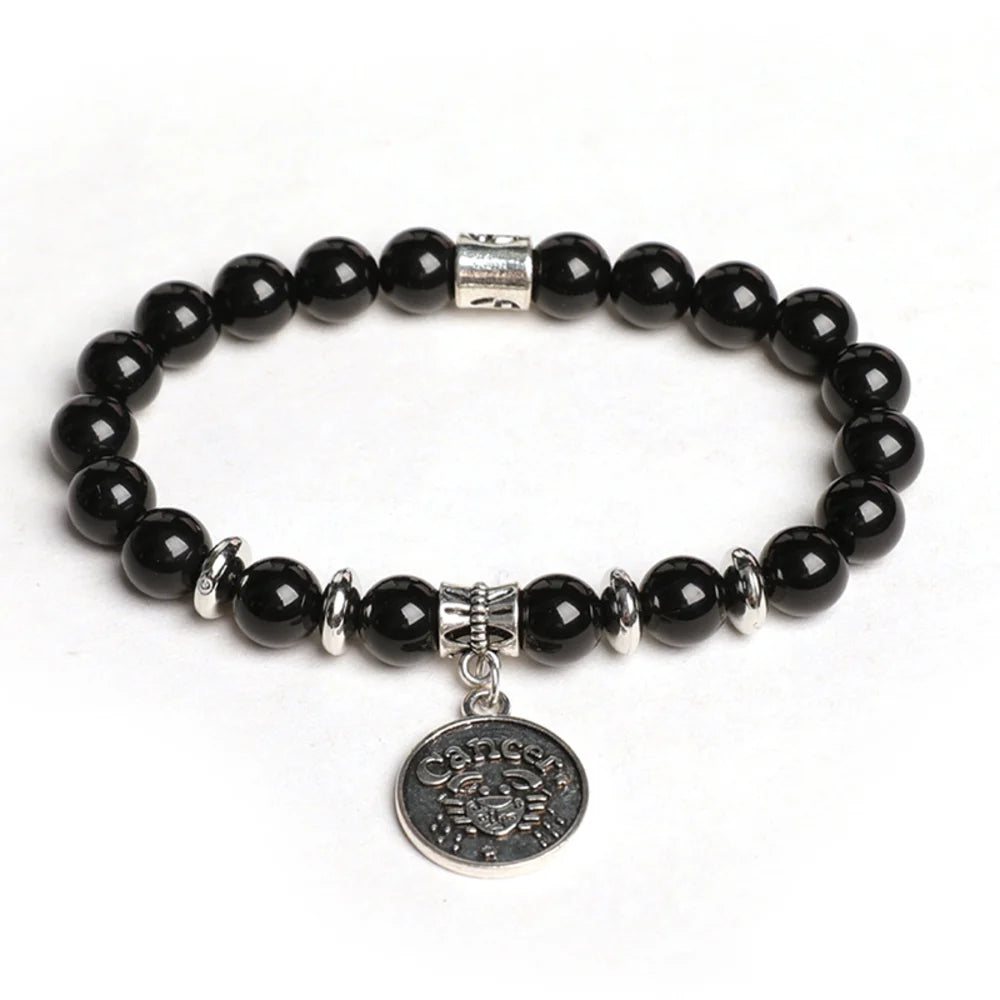 Obsidian Crystal Bracelet with Round Zodiac Charm