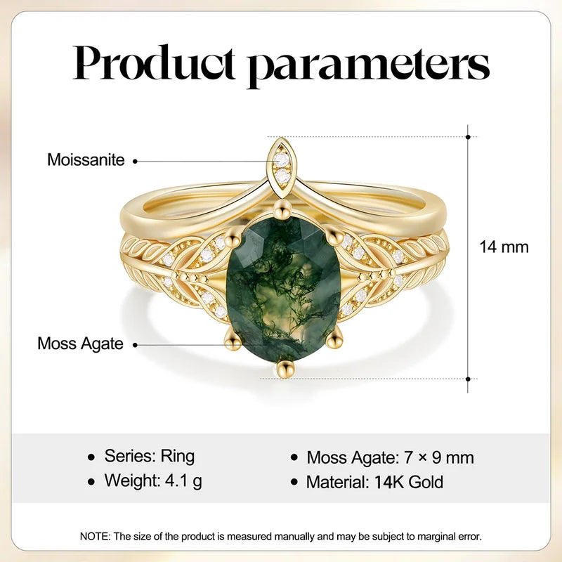 Oval Shaped Moss Agate Engagement Ring Set with Moissanite