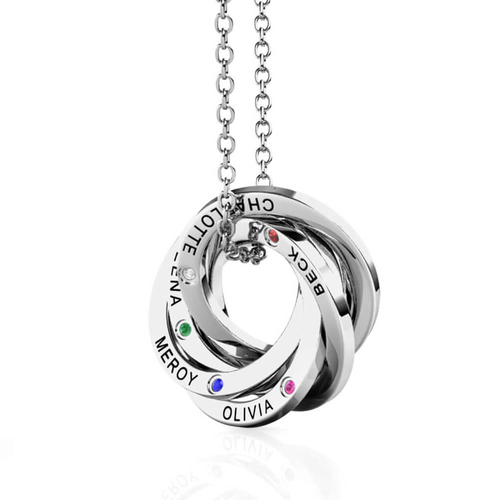 Personalised Russian Ring Necklace | Personalised Necklace with 5 Kids' Names and Birthstones