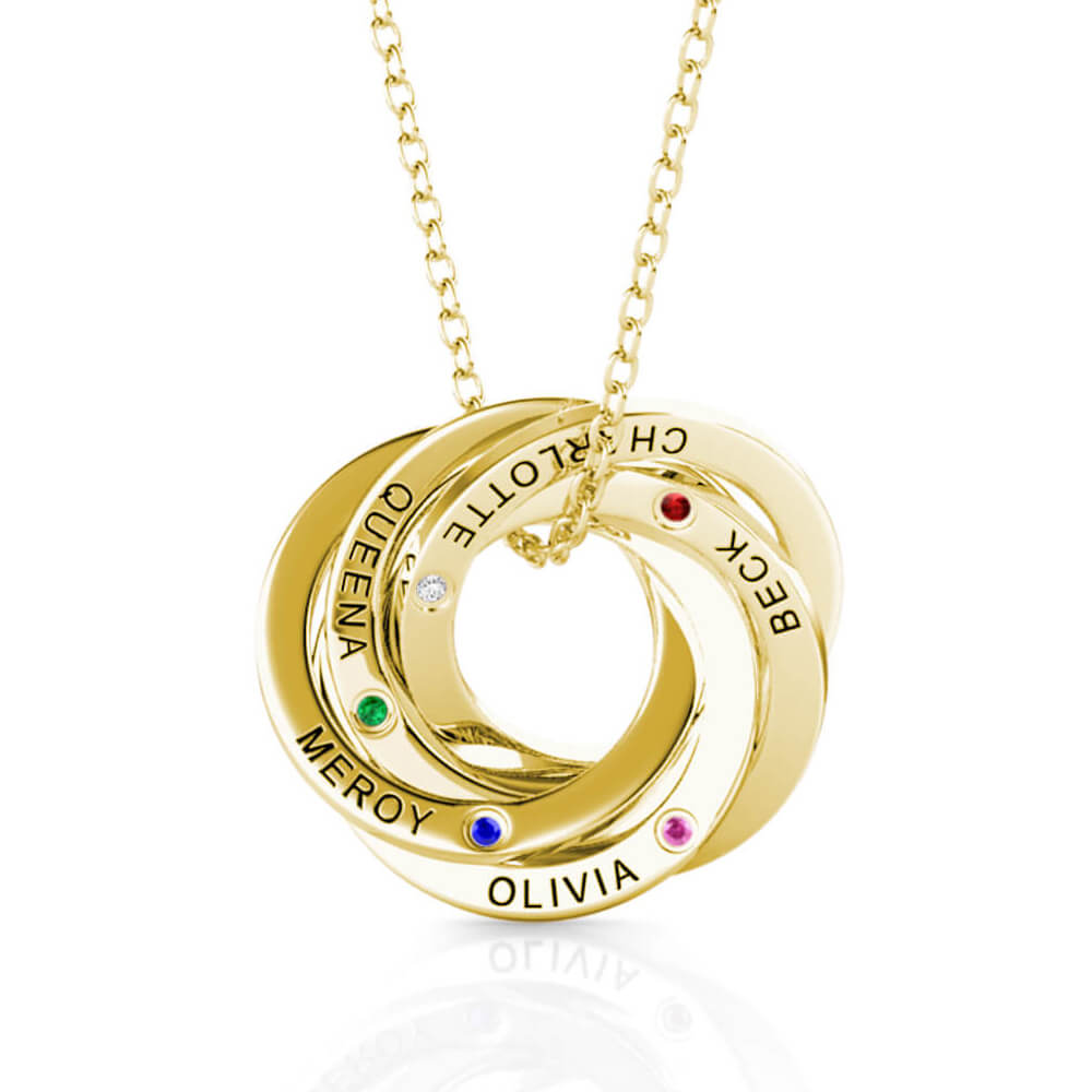 Personalised Russian Ring Necklace | Personalised Necklace with 5 Kids' Names and Birthstones