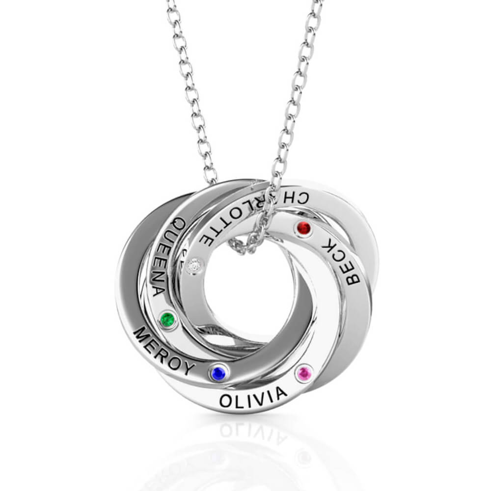 Personalised Russian Ring Necklace | Personalised Necklace with 5 Kids' Names and Birthstones