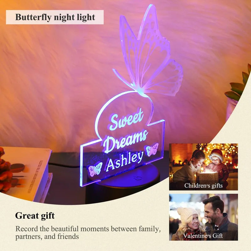 Personalised Butterfly 3 Name Night Light 7 Colours - Custom Acrylic LED Name Night Lamp - Christmas, Valentine's, Anniversary, Birthday, Mother's Day Gift