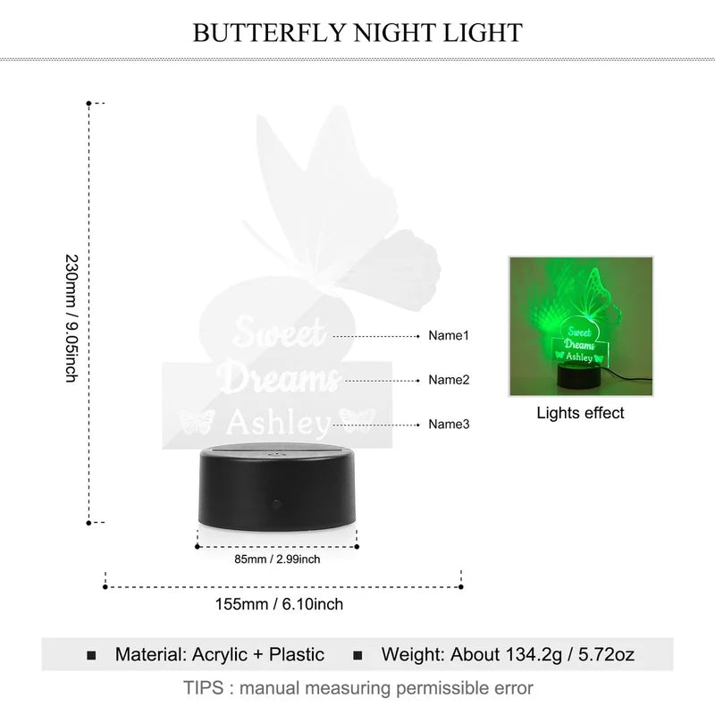 Personalised Butterfly 3 Name Night Light 7 Colours - Custom Acrylic LED Name Night Lamp - Christmas, Valentine's, Anniversary, Birthday, Mother's Day Gift