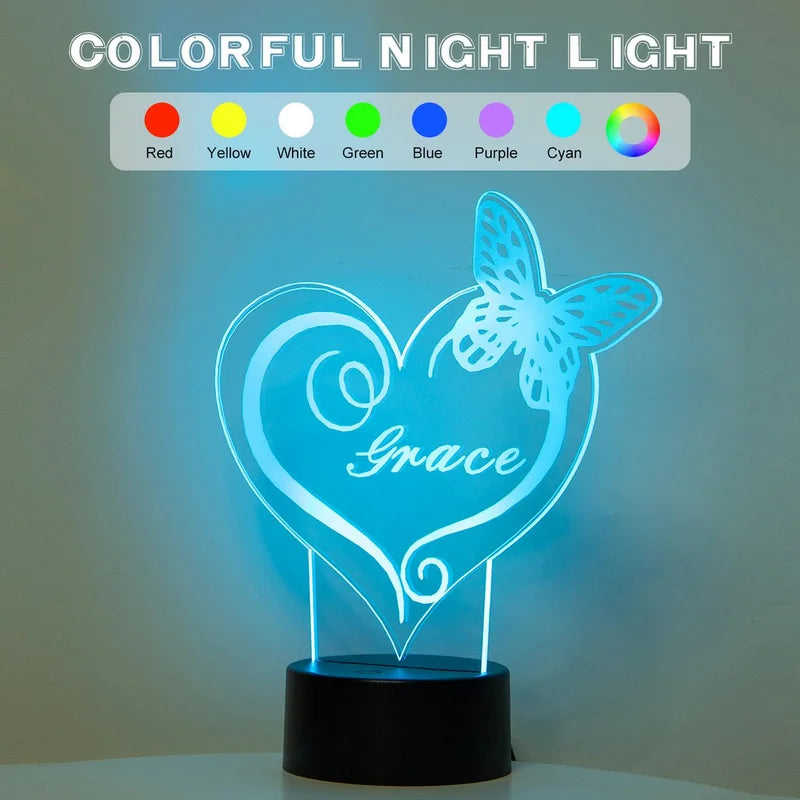 Personalised Butterfly Heart Night Light 7 Colours - Custom Acrylic LED Name Night Lamp - Christmas, Valentine's, Anniversary, Birthday, Mother's Day Gift