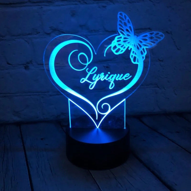 Personalised Butterfly Heart Night Light 7 Colours - Custom Acrylic LED Name Night Lamp - Christmas, Valentine's, Anniversary, Birthday, Mother's Day Gift