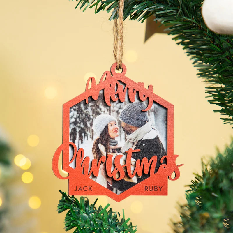 Personalised Christmas Bauble with 2 Names & Photo – Wooden Ornament