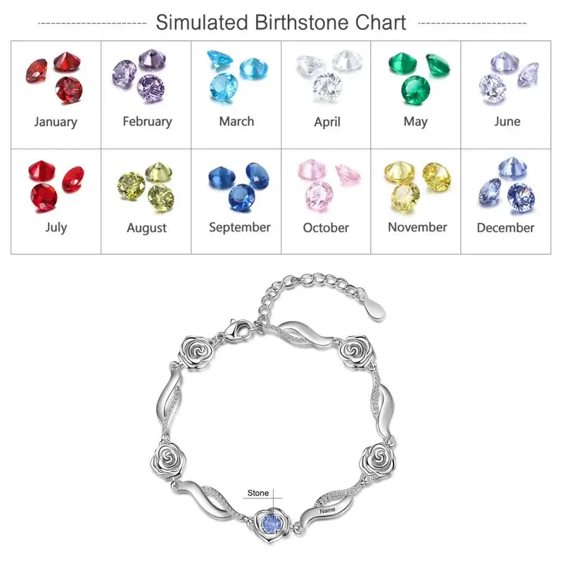 Personalised Flower Charm Birthstone Bracelet | Engraved Name Bracelet