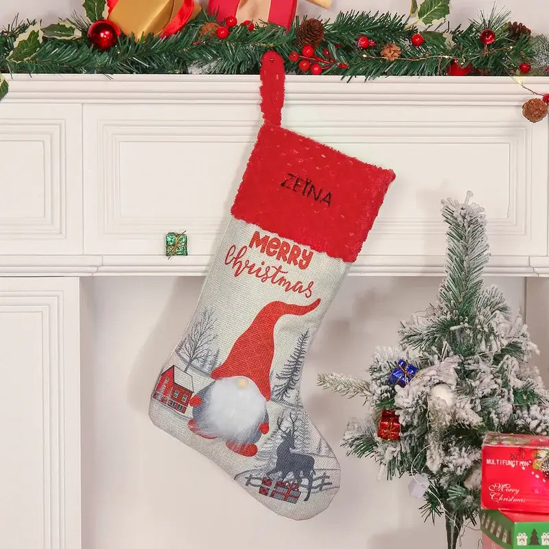 Personalised Gnomes Santa Christmas Stockings | Soft Classic Red And Fireplace Hanging For Family Holiday Xmas | 1pc