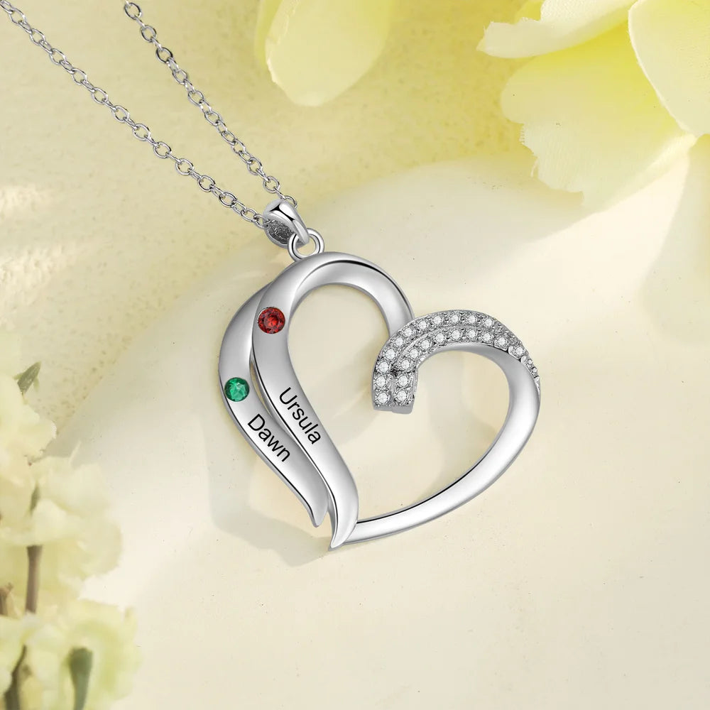 Personalised Heart Shaped Necklace with 2-5 Birthstones and Names, Name Engraved Necklace for Mum, Birthstone Jewellery for Women