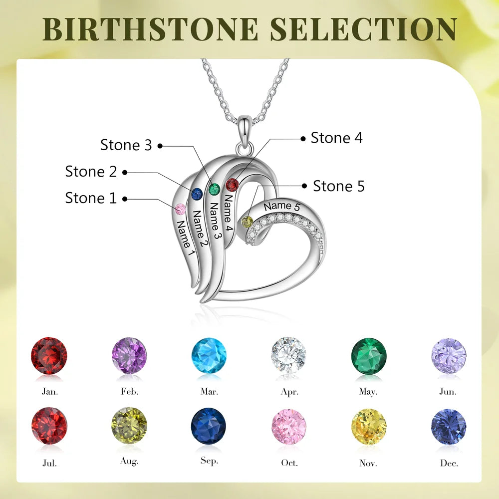 Personalised Heart Shaped Necklace with 2-5 Birthstones and Names, Name Engraved Necklace for Mum, Birthstone Jewellery for Women