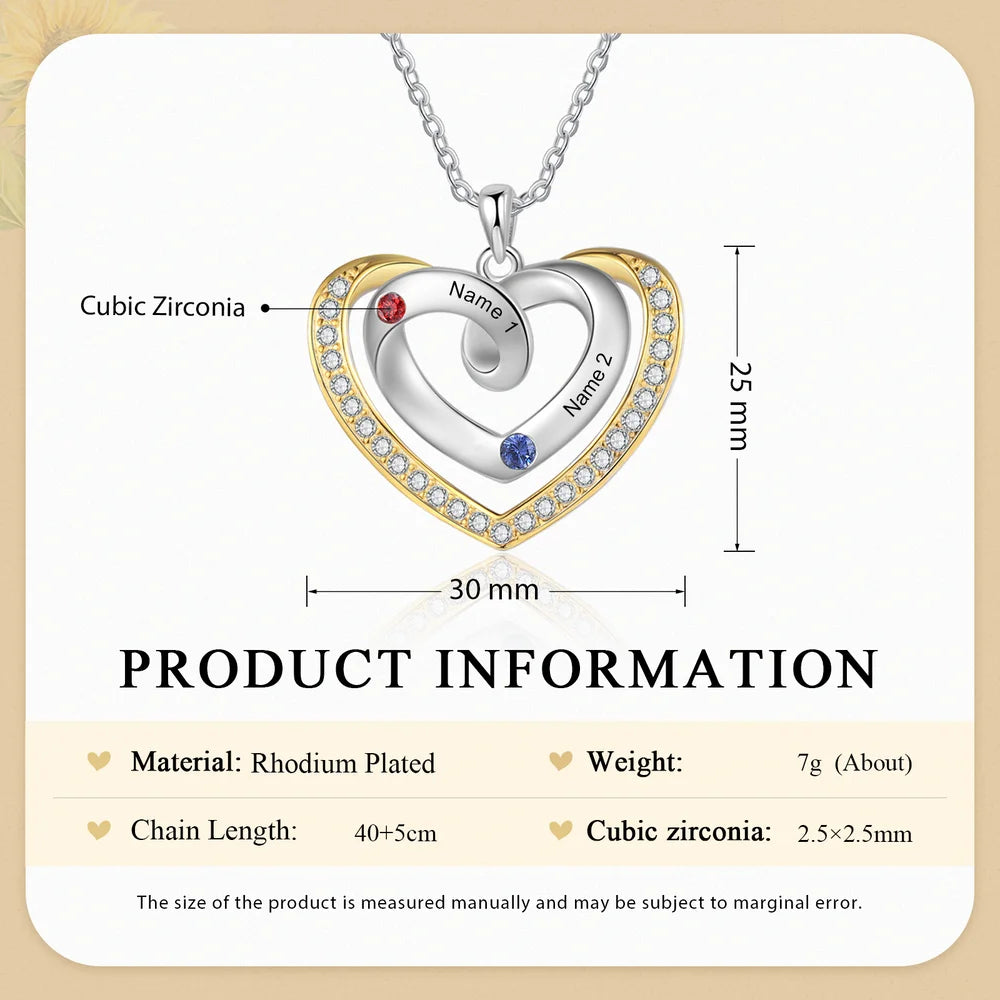 Personalised Heart Shaped Necklace with 2-4 Name and Birthstones, Personalised Necklace for Mum, Personalised Gift for Women