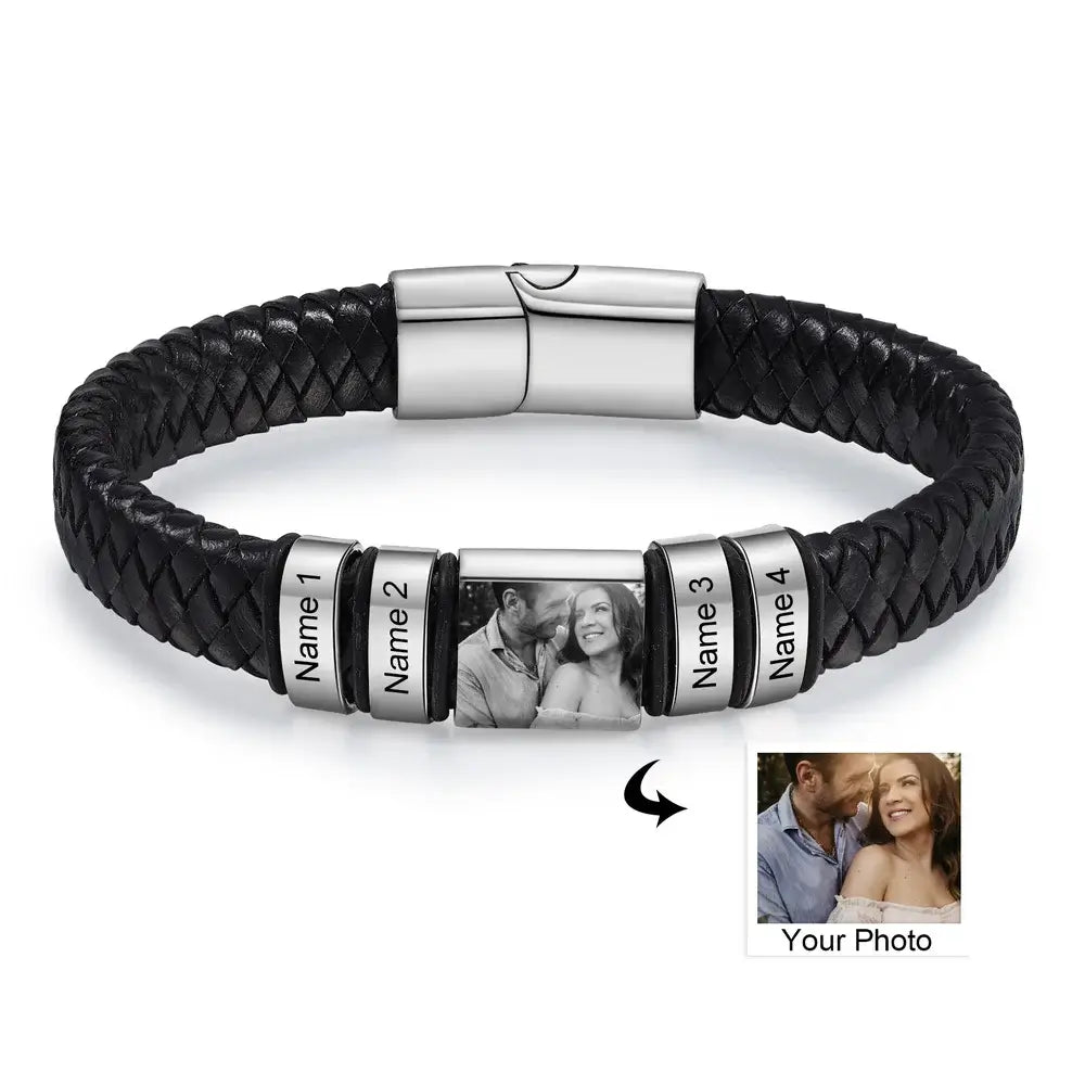 Photo Bracelet for Him, Men's Photo Bracelet, Personalised Engraved Men's Name Bracelet, 2-5 Engraved Beads