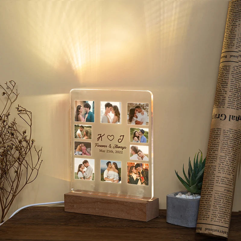 Personalised 10 Photo Night Light - Acrylic Initial LED Night Lamp - Christmas, Valentine's, Anniversary, Birthday Gift