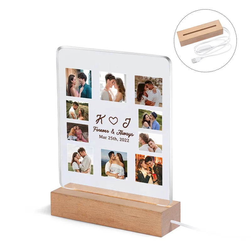 Personalised 10 Photo Night Light - Acrylic Initial LED Night Lamp - Christmas, Valentine's, Anniversary, Birthday Gift